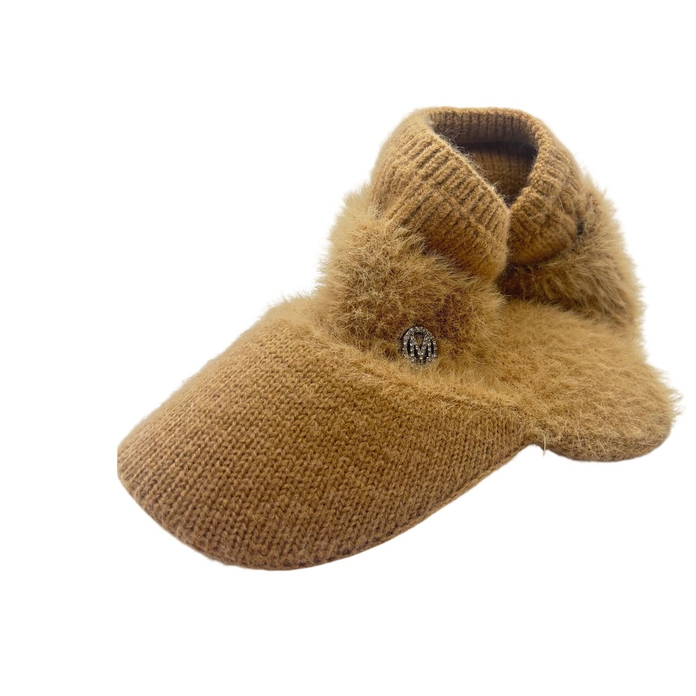 Knit Visor Beanie Camel Tan Fuzzy Rhinestone M Logo Winter Hat